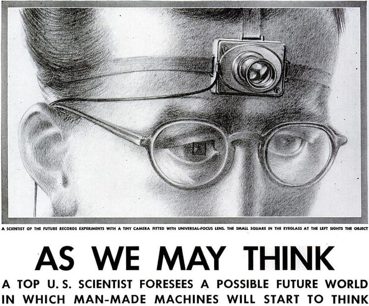 Image from the original Atlantic publication to accompany Vannevar Bush's 'As We May Think' article, showing a scientist with a camera strapped to their head.
