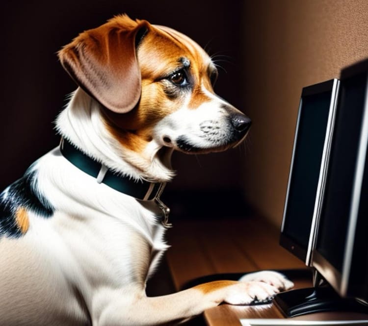 a dog looking at a computer