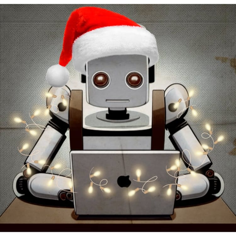 A robot wearing a santa hat