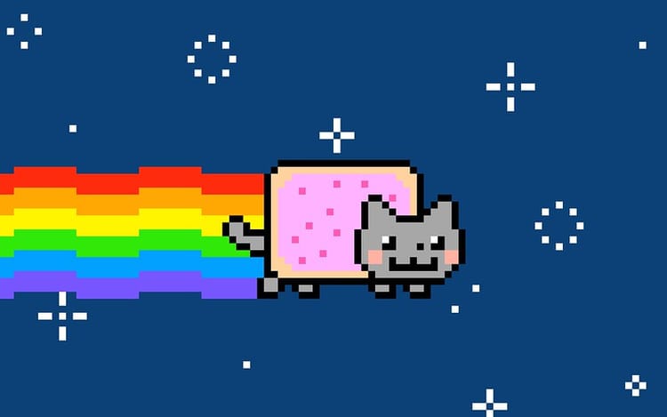 A picture of Nyan Cat, a famous Internet meme, a cartoon cat with a rainbow behind them
