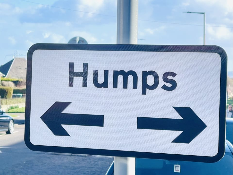 A streetsign that says 'Humps' with arrows pointing left and right
