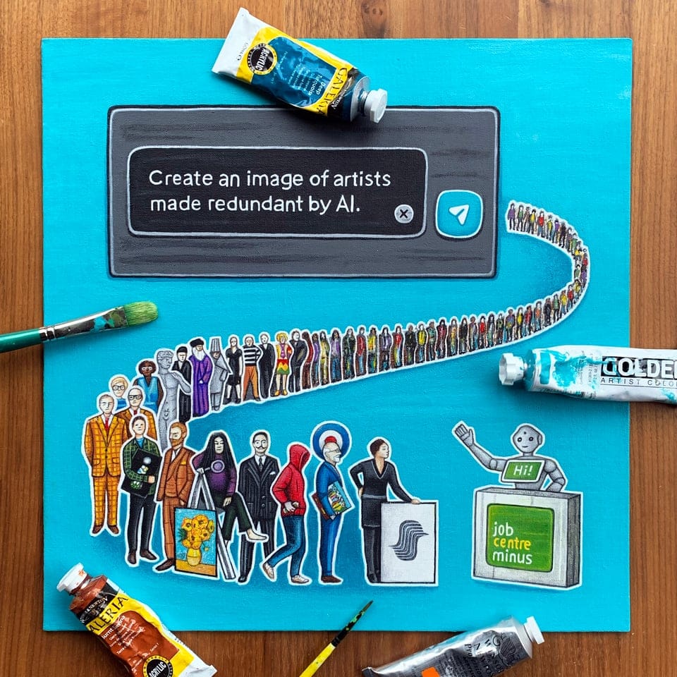 An artwork showing a line of artists queuing for a job, being served by a robot.