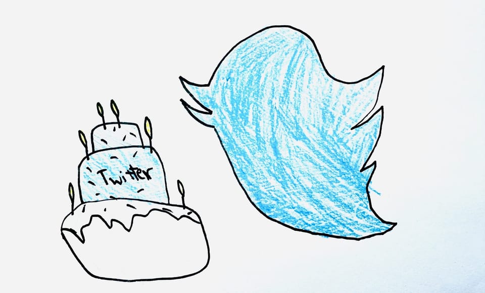 Drawing of the Twitter bird logo beside a three-layered birthday cake with candles